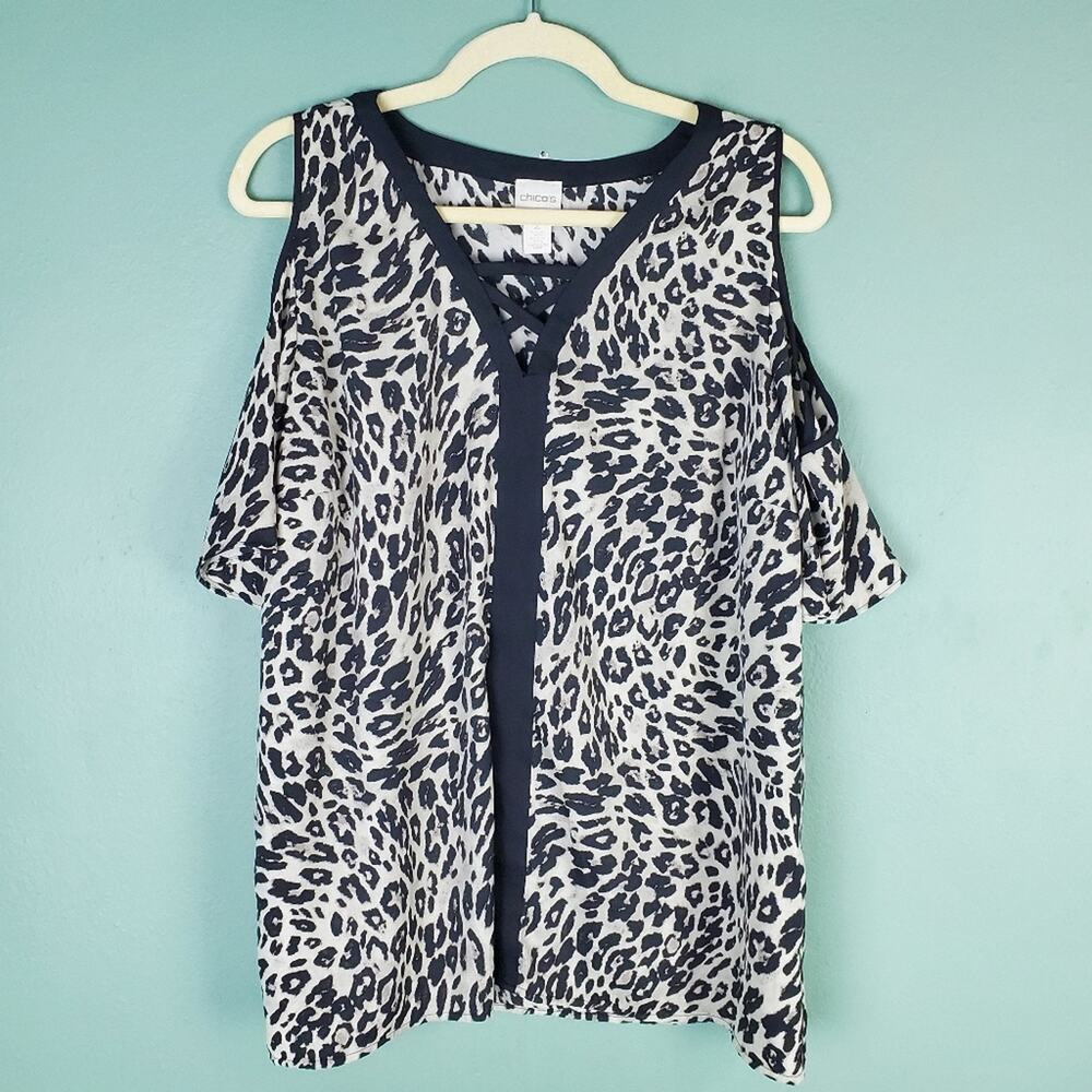 Chico's Leopard Lace-Up Cold Shoulder V-Neck Tunic Size 2